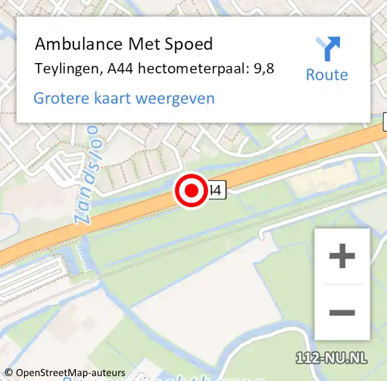 Locatie op kaart van de 112 melding: Ambulance Met Spoed Naar Teylingen, A44 hectometerpaal: 9,8 op 6 februari 2025 15:56