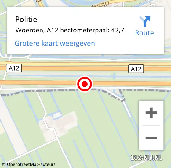 Locatie op kaart van de 112 melding: Politie Woerden, A12 hectometerpaal: 42,7 op 9 februari 2025 17:16