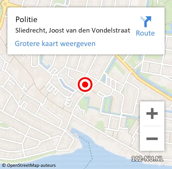 Locatie op kaart van de 112 melding: Politie Sliedrecht, Joost van den Vondelstraat op 10 februari 2025 09:48