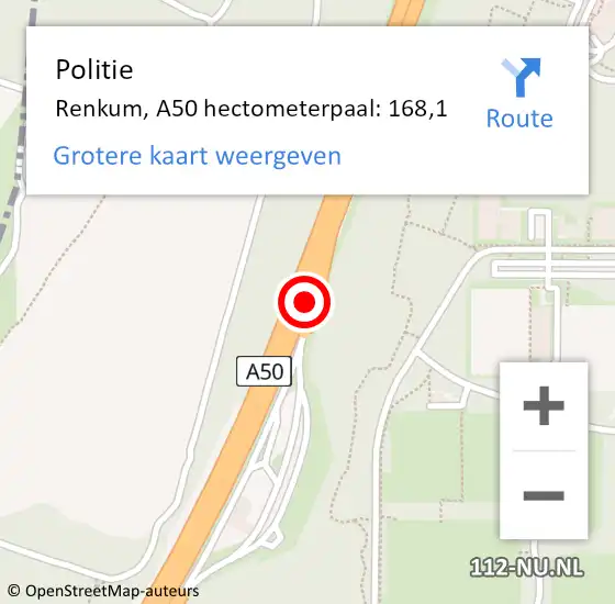 Locatie op kaart van de 112 melding: Politie Renkum, A50 hectometerpaal: 168,1 op 11 februari 2025 16:59