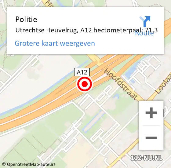 Locatie op kaart van de 112 melding: Politie Utrechtse Heuvelrug, A12 hectometerpaal: 71,3 op 11 februari 2025 17:28