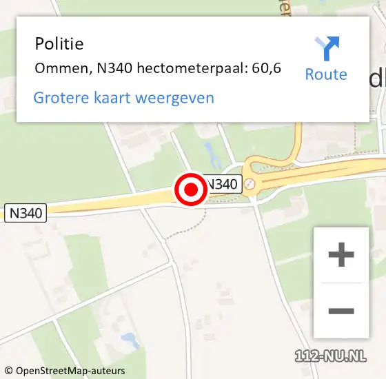 Locatie op kaart van de 112 melding: Politie Ommen, N340 hectometerpaal: 60,6 op 12 februari 2025 17:01