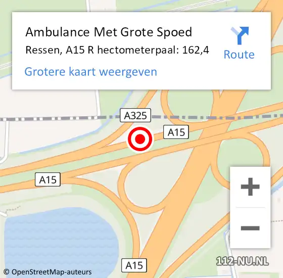 Locatie op kaart van de 112 melding: Ambulance Met Grote Spoed Naar Ressen, A15 R hectometerpaal: 161,8 op 20 oktober 2013 03:43