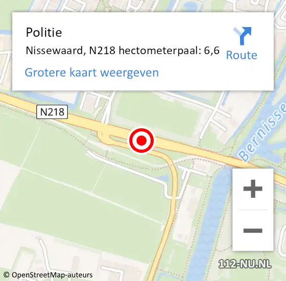 Locatie op kaart van de 112 melding: Politie Nissewaard, N218 hectometerpaal: 6,6 op 13 februari 2025 11:38
