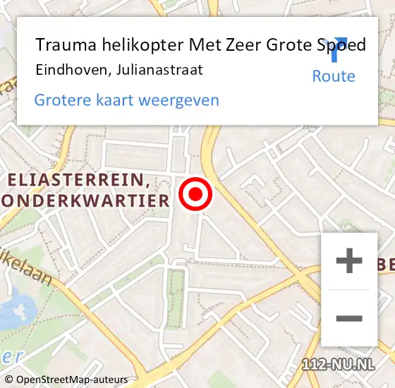 Locatie op kaart van de 112 melding: Trauma helikopter Met Zeer Grote Spoed Naar Eindhoven, Julianastraat op 13 februari 2025 17:11
