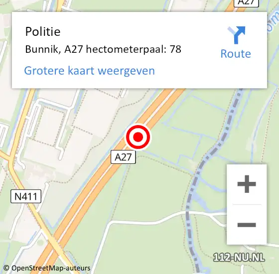 Locatie op kaart van de 112 melding: Politie Bunnik, A27 hectometerpaal: 78 op 14 februari 2025 09:51