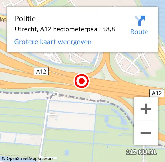 Locatie op kaart van de 112 melding: Politie Utrecht, A12 hectometerpaal: 58,8 op 16 februari 2025 13:10