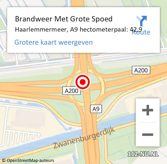 Locatie op kaart van de 112 melding: Brandweer Met Grote Spoed Naar Haarlemmermeer, A9 hectometerpaal: 42,9 op 16 februari 2025 15:29