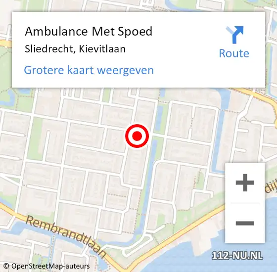 Locatie op kaart van de 112 melding: Ambulance Met Spoed Naar Sliedrecht, Kievitlaan op 16 februari 2025 23:11