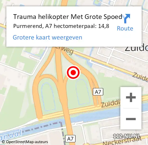 Locatie op kaart van de 112 melding: Trauma helikopter Met Grote Spoed Naar Purmerend, A7 hectometerpaal: 14,8 op 17 februari 2025 15:54