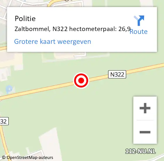 Locatie op kaart van de 112 melding: Politie Zaltbommel, N322 hectometerpaal: 26,9 op 18 februari 2025 08:13