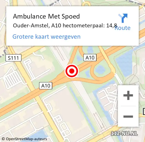 Locatie op kaart van de 112 melding: Ambulance Met Spoed Naar Ouder-Amstel, A10 hectometerpaal: 14,8 op 19 februari 2025 19:21
