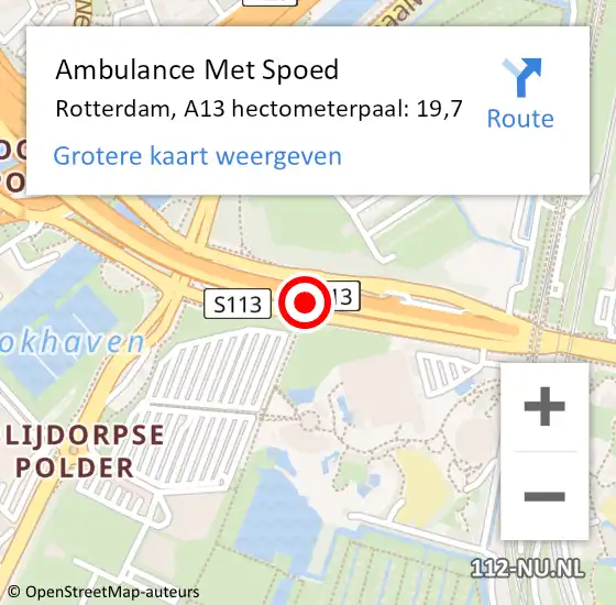 Locatie op kaart van de 112 melding: Ambulance Met Spoed Naar Rotterdam, A13 hectometerpaal: 19,7 op 21 februari 2025 17:29