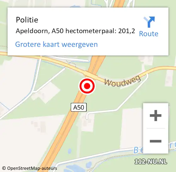 Locatie op kaart van de 112 melding: Politie Apeldoorn, A50 hectometerpaal: 201,2 op 22 februari 2025 02:06