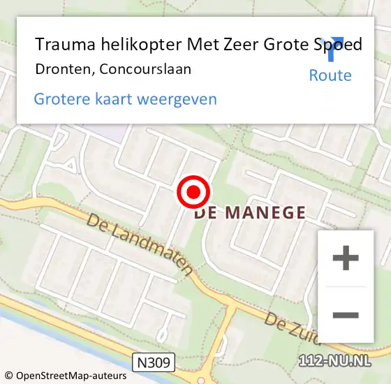 Locatie op kaart van de 112 melding: Trauma helikopter Met Zeer Grote Spoed Naar Dronten, Concourslaan op 22 februari 2025 11:48