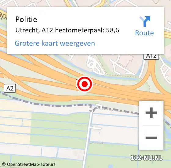 Locatie op kaart van de 112 melding: Politie Utrecht, A12 hectometerpaal: 58,6 op 22 februari 2025 12:53