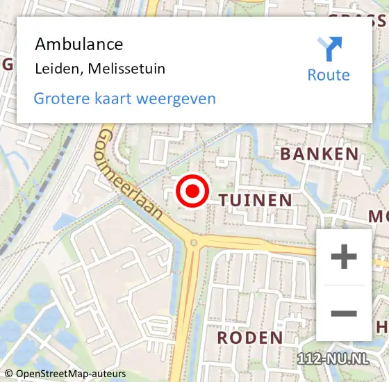 Locatie op kaart van de 112 melding: Ambulance Leiden, Melissetuin op 7 november 2014 15:03