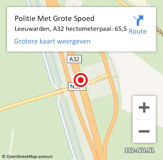 Locatie op kaart van de 112 melding: Politie Met Grote Spoed Naar Leeuwarden, A32 hectometerpaal: 65,5 op 23 februari 2025 08:45