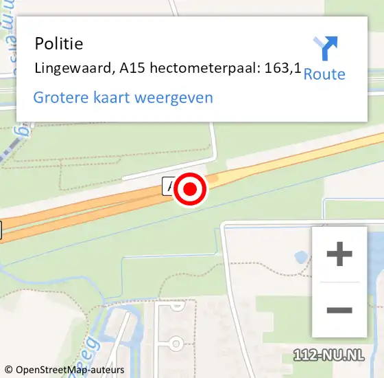 Locatie op kaart van de 112 melding: Politie Lingewaard, A15 hectometerpaal: 163,1 op 23 februari 2025 10:47