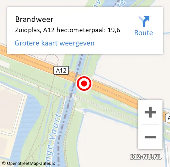 Locatie op kaart van de 112 melding: Brandweer Zuidplas, A12 hectometerpaal: 19,6 op 23 februari 2025 12:38