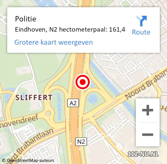Locatie op kaart van de 112 melding: Politie Eindhoven, N2 hectometerpaal: 161,4 op 24 februari 2025 15:02