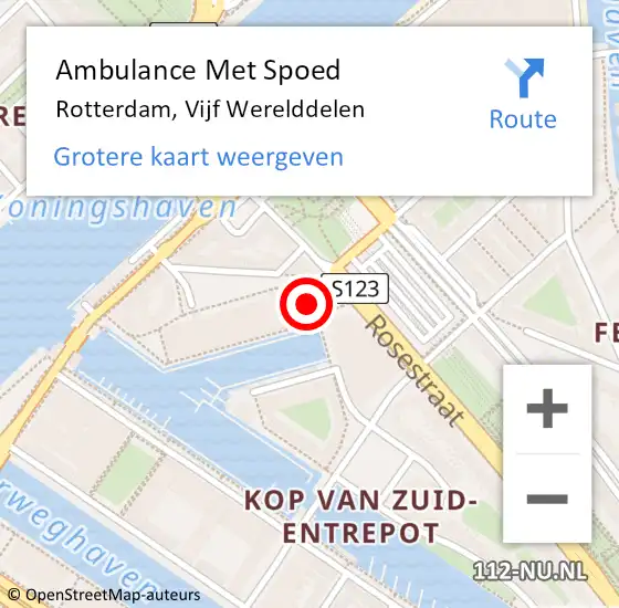 Locatie op kaart van de 112 melding: Ambulance Met Spoed Naar Rotterdam, Vijf Werelddelen op 25 februari 2025 20:46