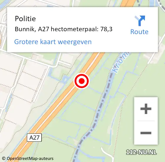 Locatie op kaart van de 112 melding: Politie Bunnik, A27 hectometerpaal: 78,3 op 26 februari 2025 16:48