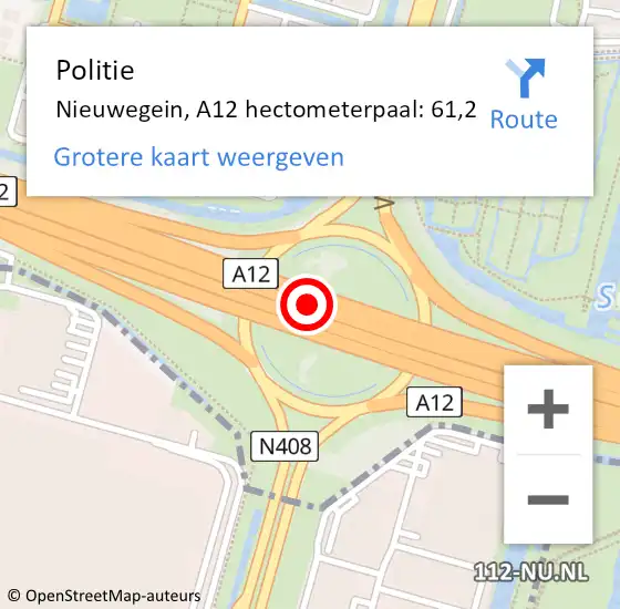 Locatie op kaart van de 112 melding: Politie Nieuwegein, A12 hectometerpaal: 61,2 op 27 februari 2025 03:57