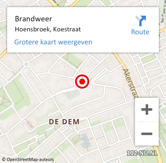 Locatie op kaart van de 112 melding: Brandweer Hoensbroek, Koestraat op 8 november 2014 02:35