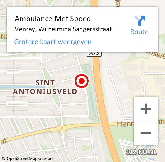 Locatie op kaart van de 112 melding: Ambulance Met Spoed Naar Venray, Wilhelmina Sangersstraat op 8 november 2014 04:14