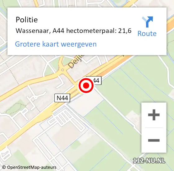 Locatie op kaart van de 112 melding: Politie Wassenaar, A44 hectometerpaal: 21,6 op 28 februari 2025 10:29