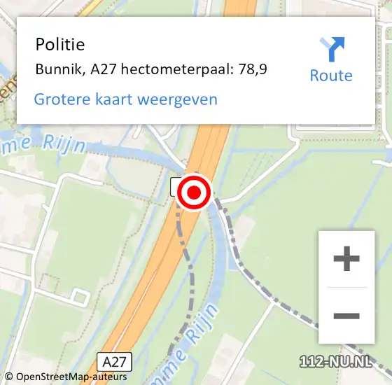 Locatie op kaart van de 112 melding: Politie Bunnik, A27 hectometerpaal: 78,9 op 28 februari 2025 10:42