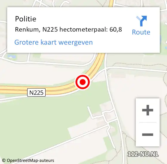 Locatie op kaart van de 112 melding: Politie Renkum, N225 hectometerpaal: 60,8 op 28 februari 2025 13:04