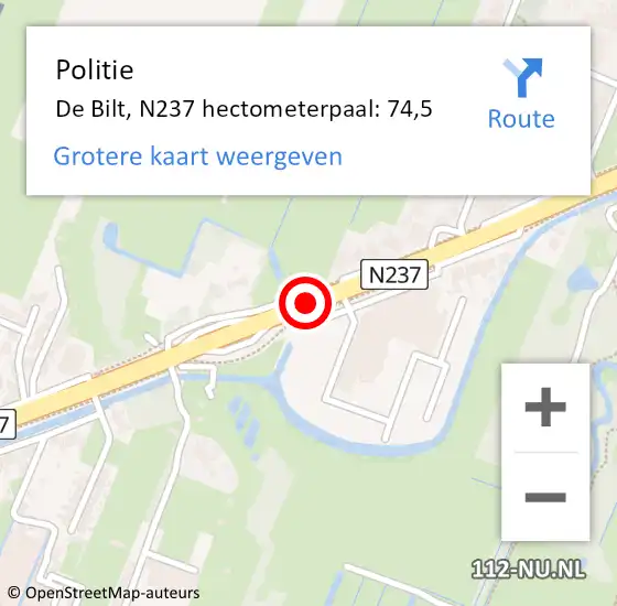Locatie op kaart van de 112 melding: Politie De Bilt, N237 hectometerpaal: 74,5 op 28 februari 2025 13:36