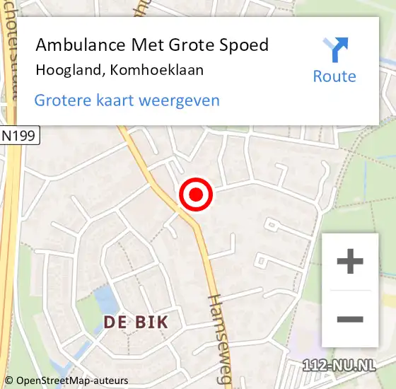 Locatie op kaart van de 112 melding: Ambulance Met Grote Spoed Naar Hoogland, Komhoeklaan op 8 november 2014 13:19