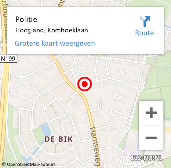 Locatie op kaart van de 112 melding: Politie Hoogland, Komhoeklaan op 8 november 2014 13:24