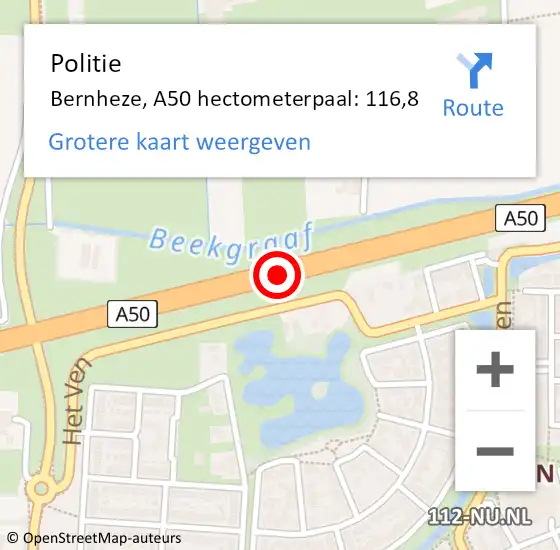 Locatie op kaart van de 112 melding: Politie Bernheze, A50 hectometerpaal: 116,8 op 4 maart 2025 16:17