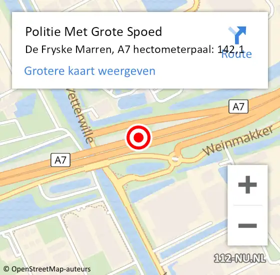Locatie op kaart van de 112 melding: Politie Met Grote Spoed Naar De Fryske Marren, A7 hectometerpaal: 142,1 op 6 maart 2025 12:39
