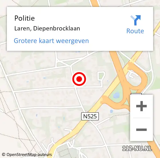 Locatie op kaart van de 112 melding: Politie Laren, Diepenbrocklaan op 6 maart 2025 19:04