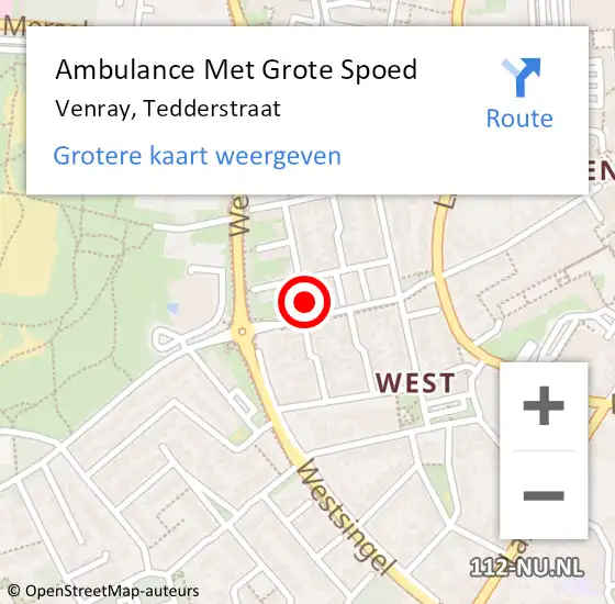 Locatie op kaart van de 112 melding: Ambulance Met Grote Spoed Naar Venray, Tedderstraat op 8 november 2014 22:19