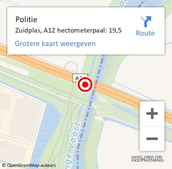 Locatie op kaart van de 112 melding: Politie Zuidplas, A12 hectometerpaal: 19,5 op 7 maart 2025 08:56
