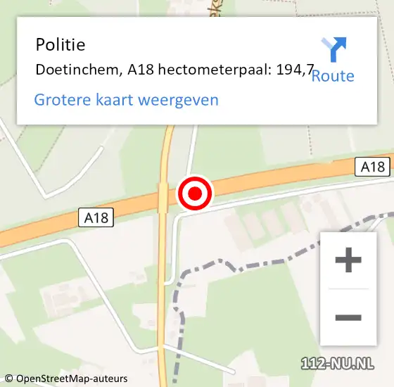 Locatie op kaart van de 112 melding: Politie Doetinchem, A18 hectometerpaal: 194,7 op 7 maart 2025 18:33