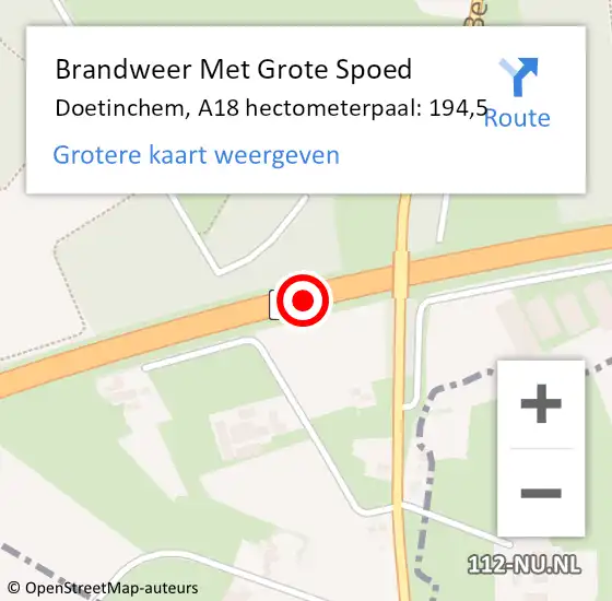 Locatie op kaart van de 112 melding: Brandweer Met Grote Spoed Naar Doetinchem, A18 hectometerpaal: 194,5 op 7 maart 2025 18:34