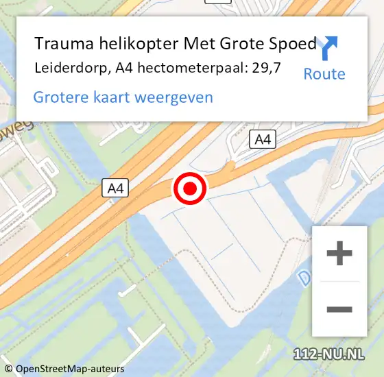 Locatie op kaart van de 112 melding: Trauma helikopter Met Grote Spoed Naar Leiderdorp, A4 hectometerpaal: 29,7 op 7 maart 2025 23:15