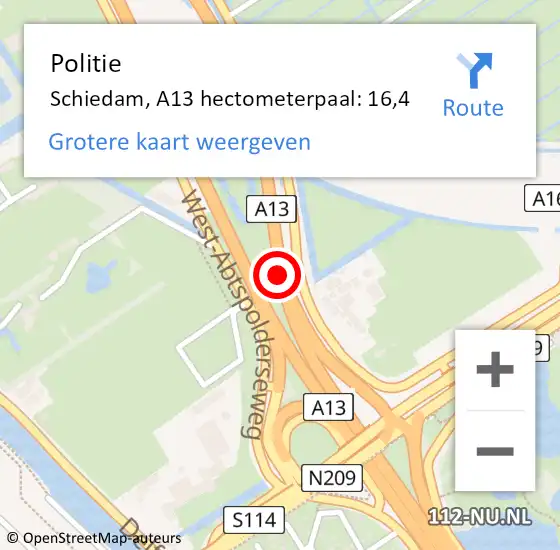 Locatie op kaart van de 112 melding: Politie Schiedam, A13 hectometerpaal: 16,4 op 10 maart 2025 15:58