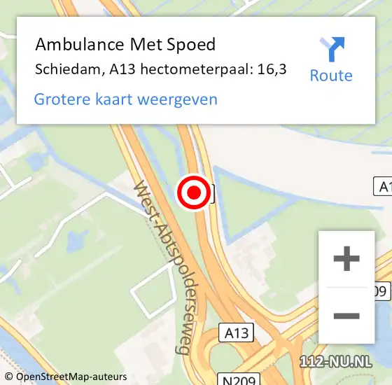 Locatie op kaart van de 112 melding: Ambulance Met Spoed Naar Schiedam, A13 hectometerpaal: 16,3 op 10 maart 2025 16:05