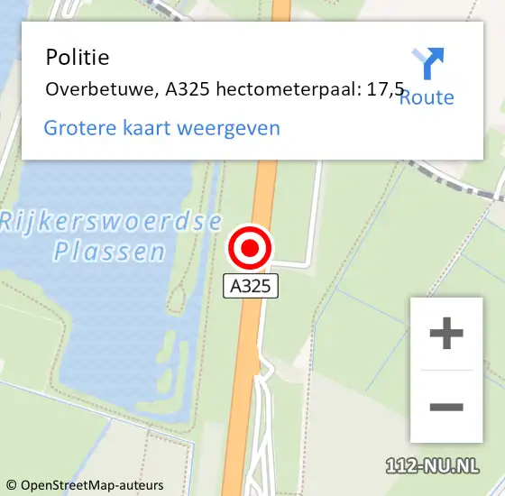 Locatie op kaart van de 112 melding: Politie Overbetuwe, A325 hectometerpaal: 17,5 op 10 maart 2025 16:15