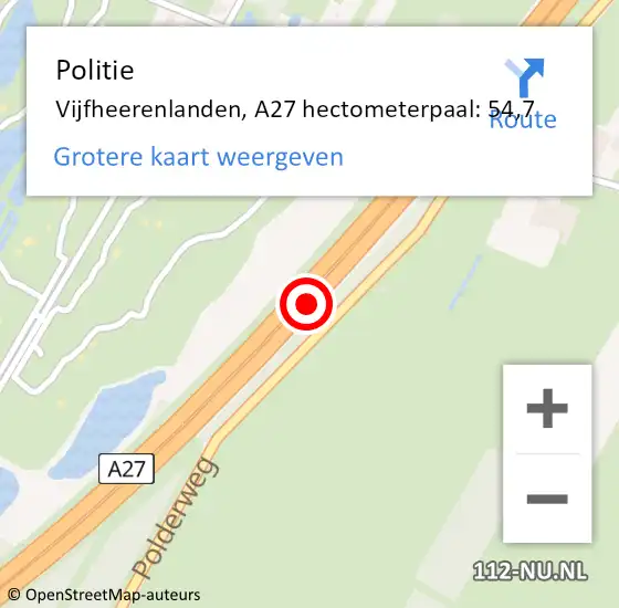 Locatie op kaart van de 112 melding: Politie Vijfheerenlanden, A27 hectometerpaal: 54,7 op 12 maart 2025 14:54