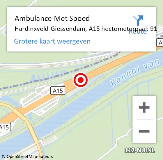 Locatie op kaart van de 112 melding: Ambulance Met Spoed Naar Hardinxveld-Giessendam, A15 hectometerpaal: 91 op 13 maart 2025 08:51