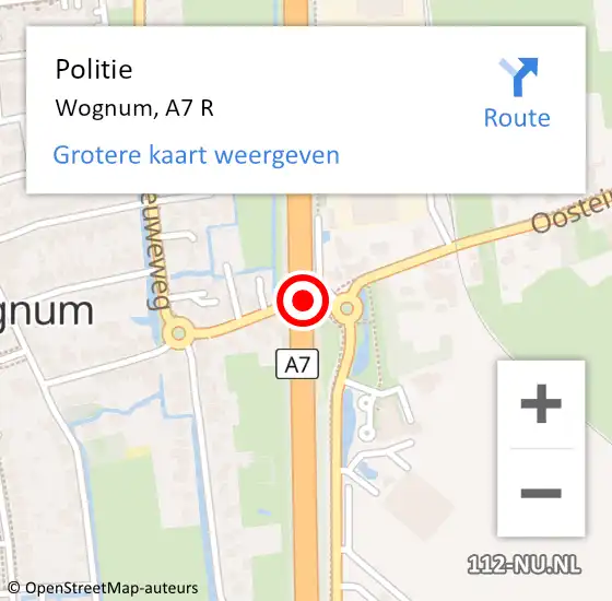 Locatie op kaart van de 112 melding: Politie Wognum, A7 R op 9 november 2014 17:43